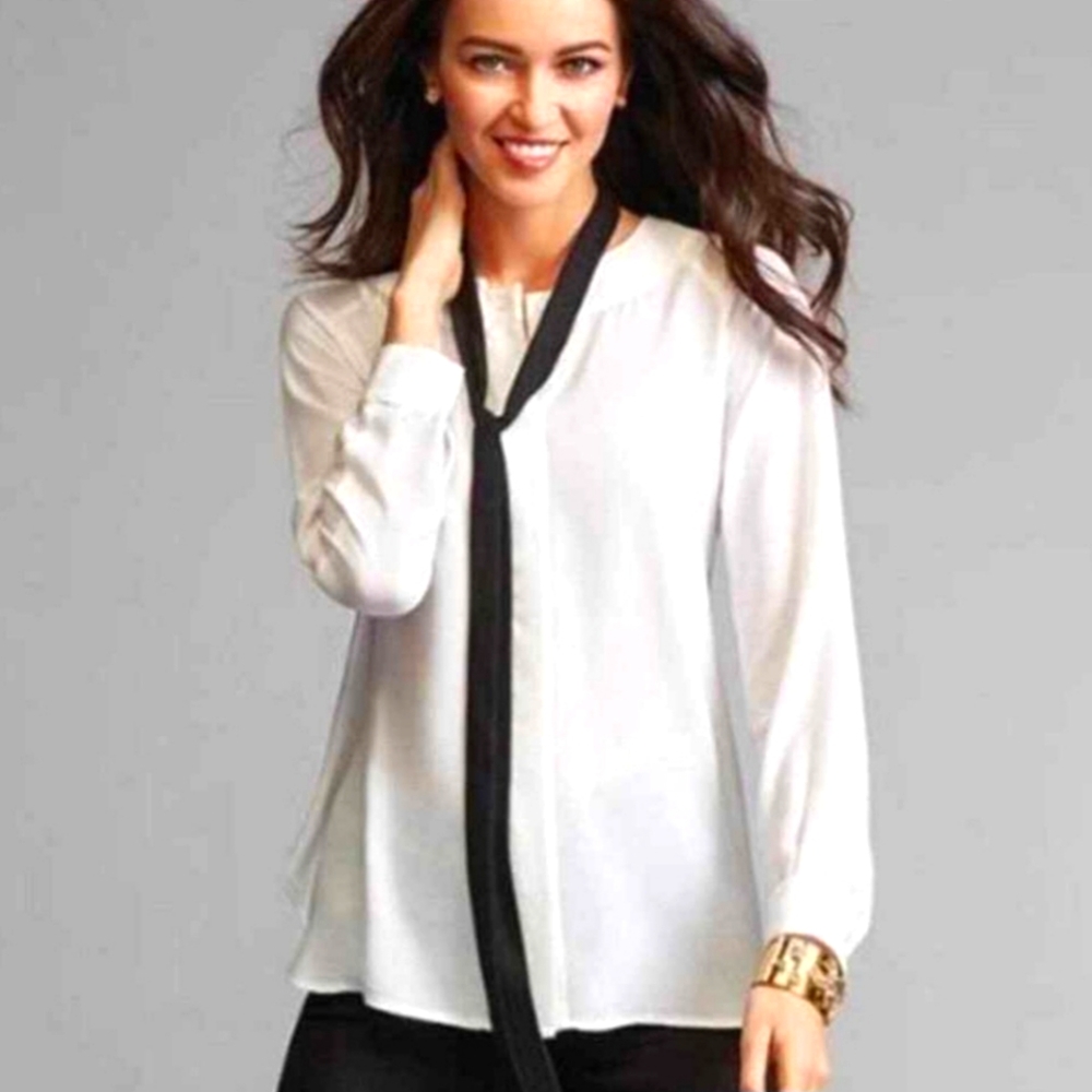 Cabi Tuxedo blouse with black ribbon tie 3421